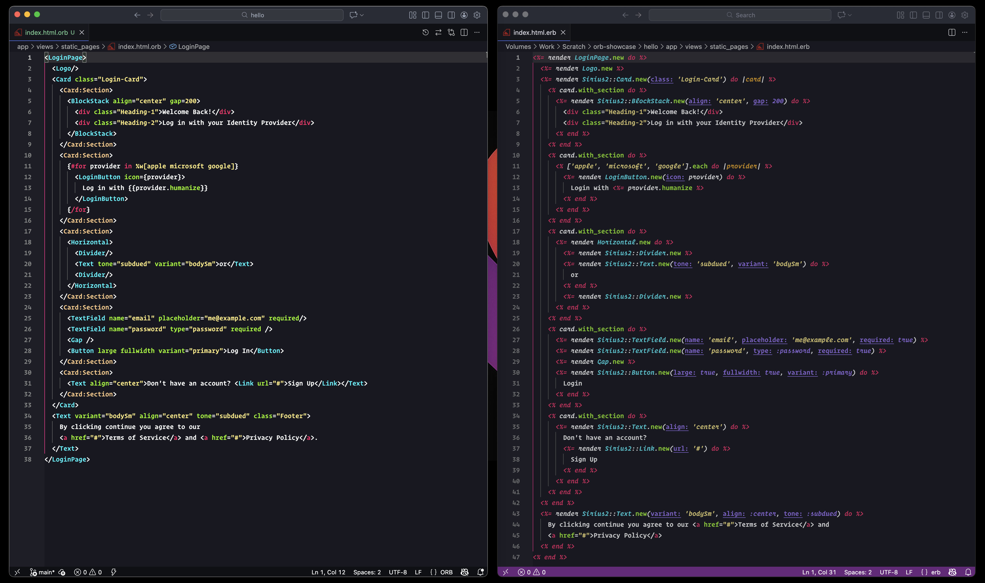 A comparison of the syntax of ORB view templates and ERB view templates